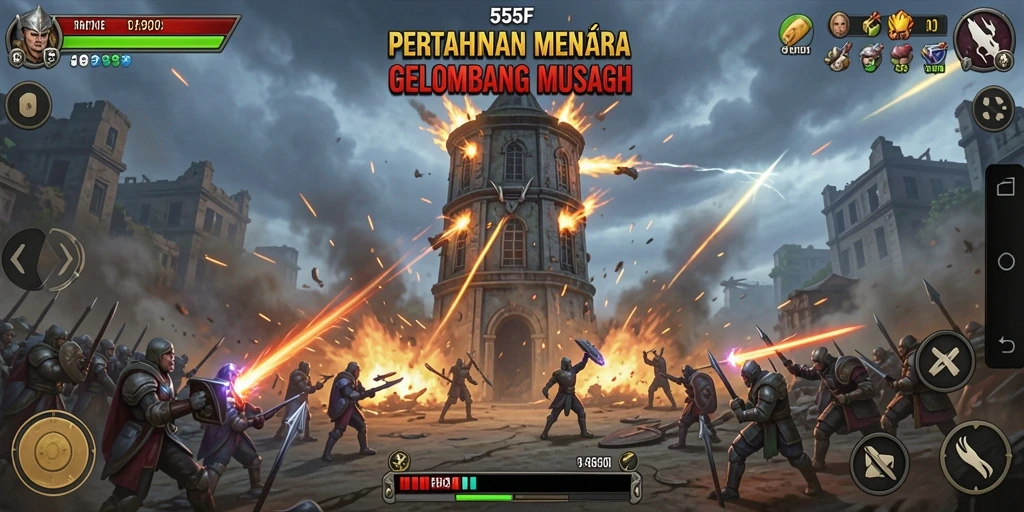 Tampilan gameplay intense permainan Tower Defense 555F dengan menara yang berwarna-warni.