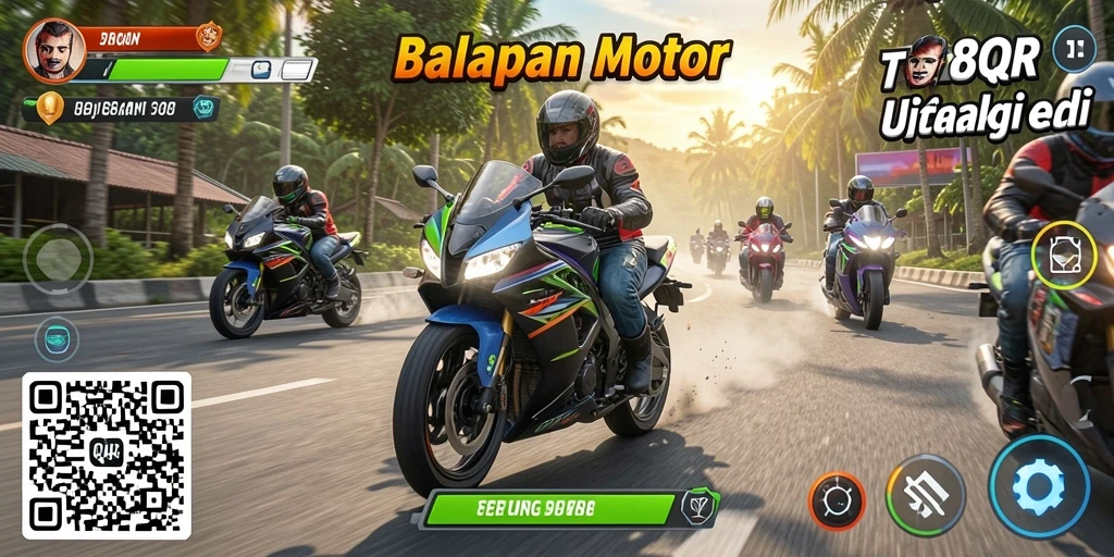 Screenshot utama 8QR menampilkan aksi balap motor yang intens.