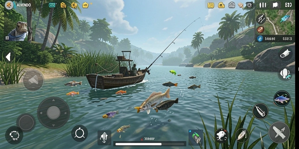 Screenshot utama ALVENDO menampilkan aksi memancing yang mendebarkan.