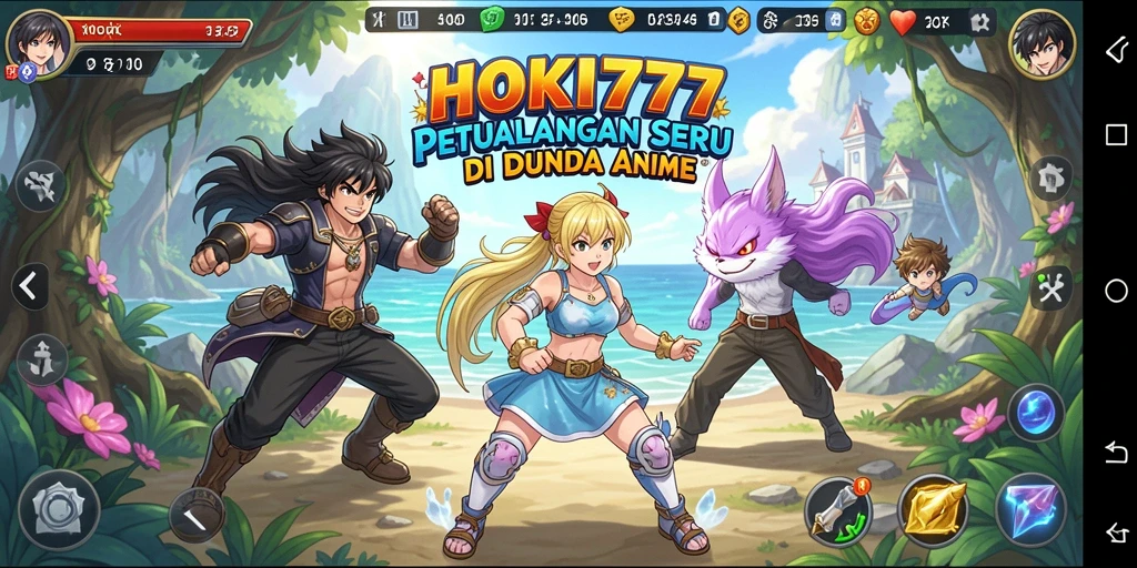 Screenshot utama HOKI777 menampilkan karakter Anime dalam pertempuran epik.