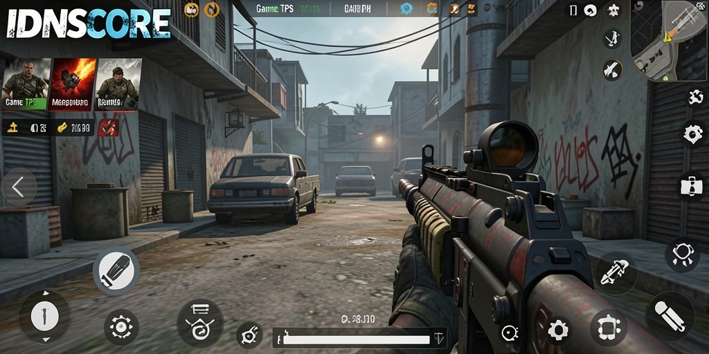 Screenshot menampilkan gameplay seru dari IDNSCORE dengan aksi TPS yang intens.