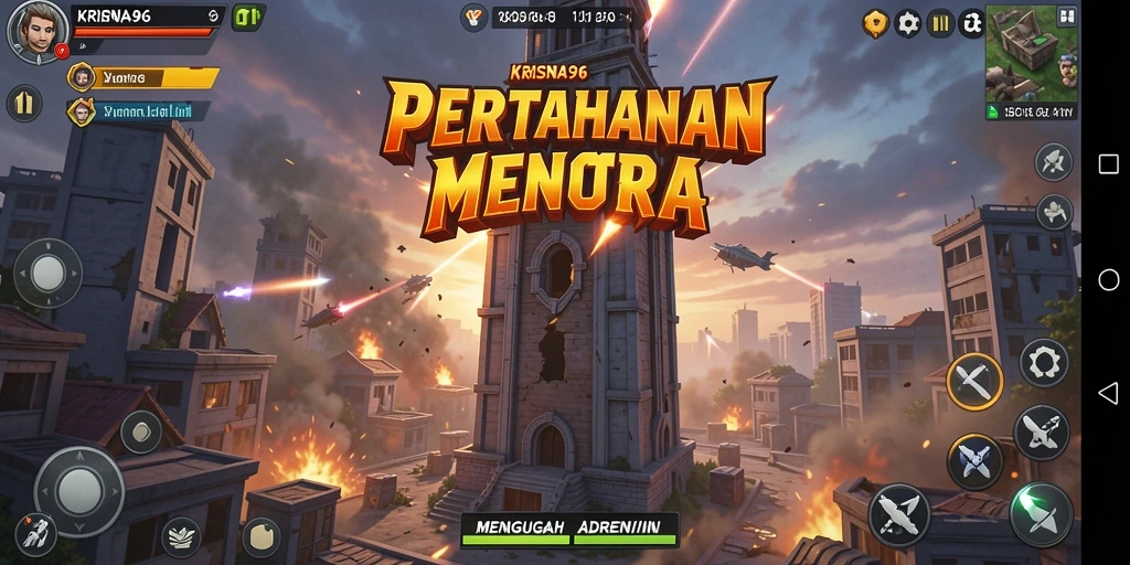 Tangkapan layar gameplay KRISNA96 dengan menara dan musuh yang menantang.