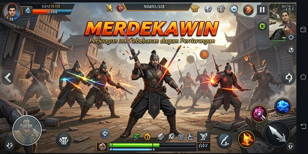 Tampilan gameplay penuh aksi dari MERDEKAWIN saat bertarung.
