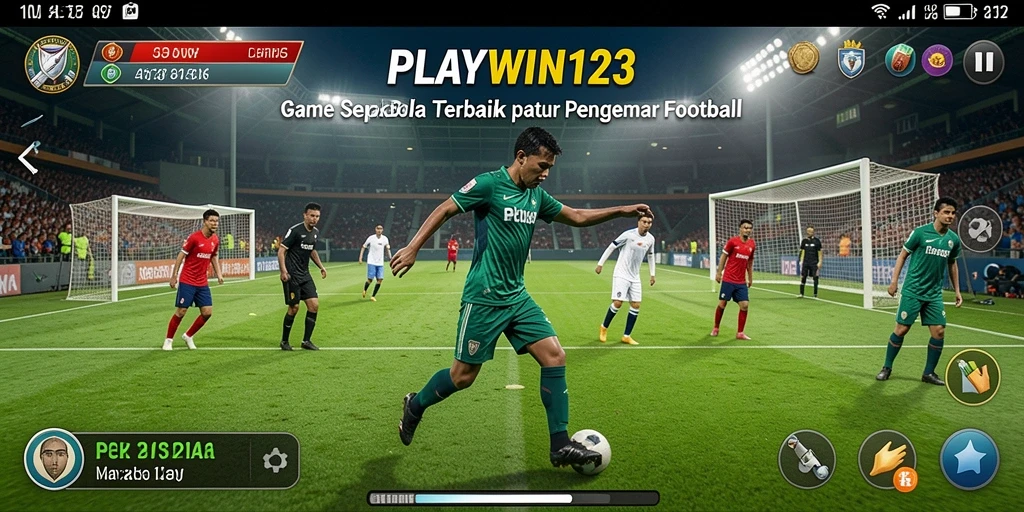Screenshot utama PLAYWIN123 menampilkan momen seru dalam pertandingan sepak bola.