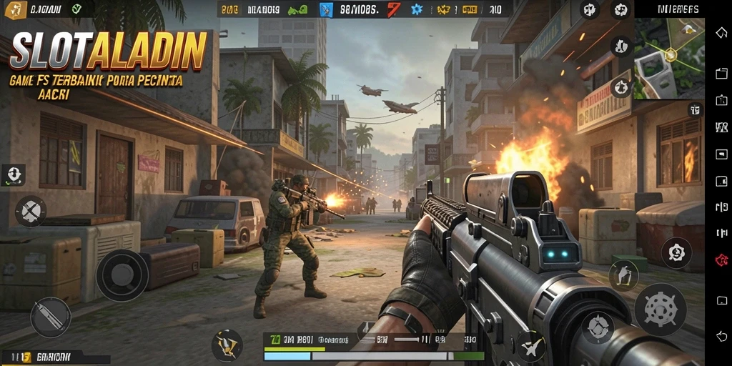 Screenshot utama SLOTALADIN menampilkan aksi gameplay FPS yang seru.