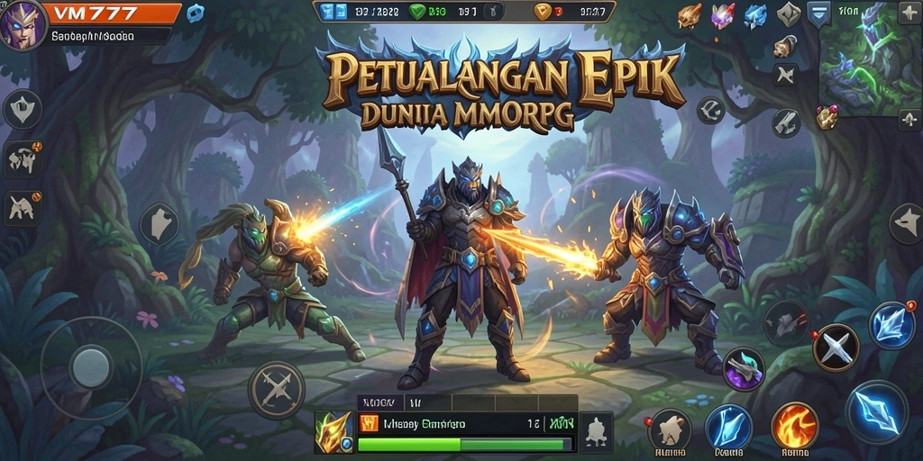 Tangkapan layar VM777 menampilkan pertempuran epik dalam dunia MMORPG.
